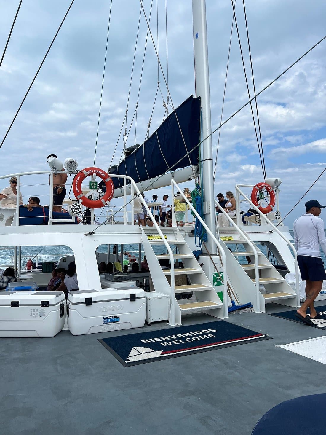 Catamaran sailing over turquoise Caribbean waters in Riviera Maya