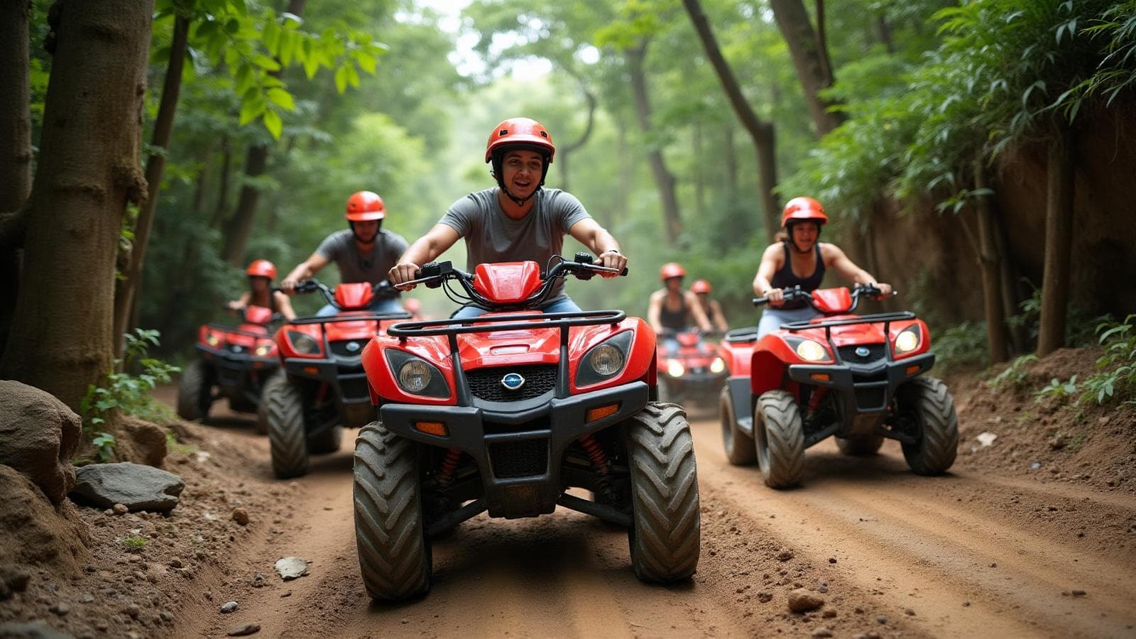 Group of tourists on ATV quads navigating rocky Yucatan terrain with safety equipment