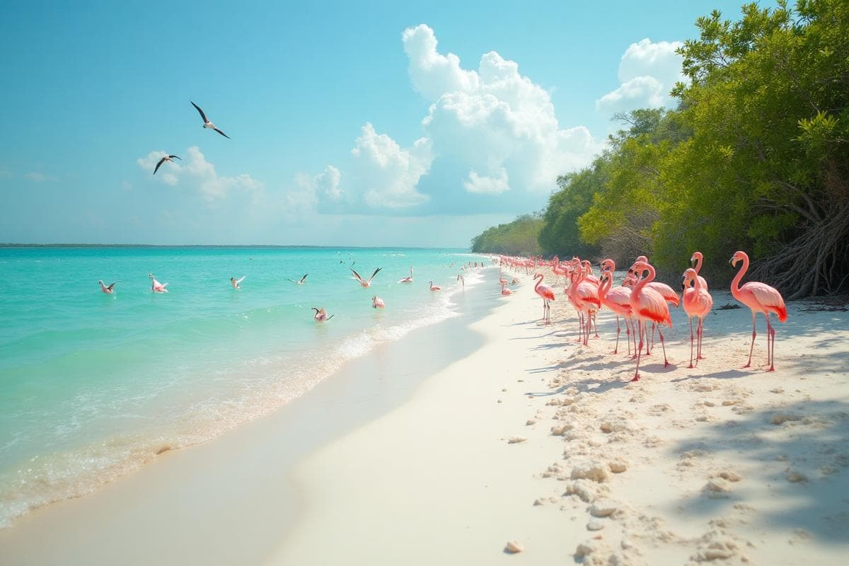 Pink flamingos at Celestún beach