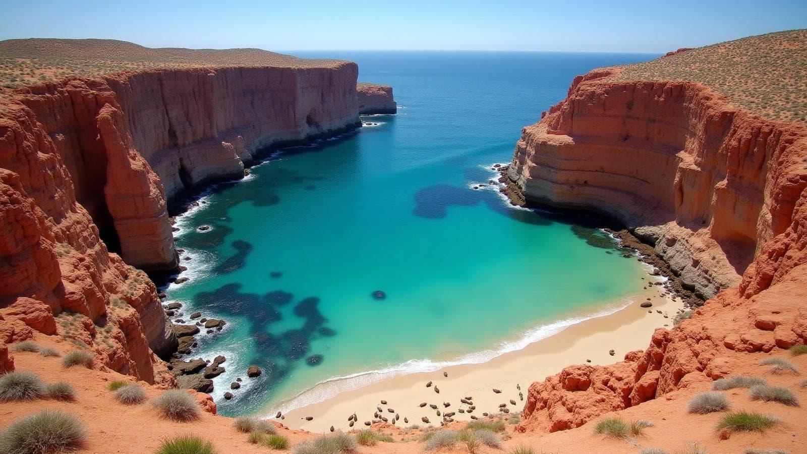 Dramáticos acantilados rojizos de Isla Espíritu Santo frente al turquesa del Mar de Cortés