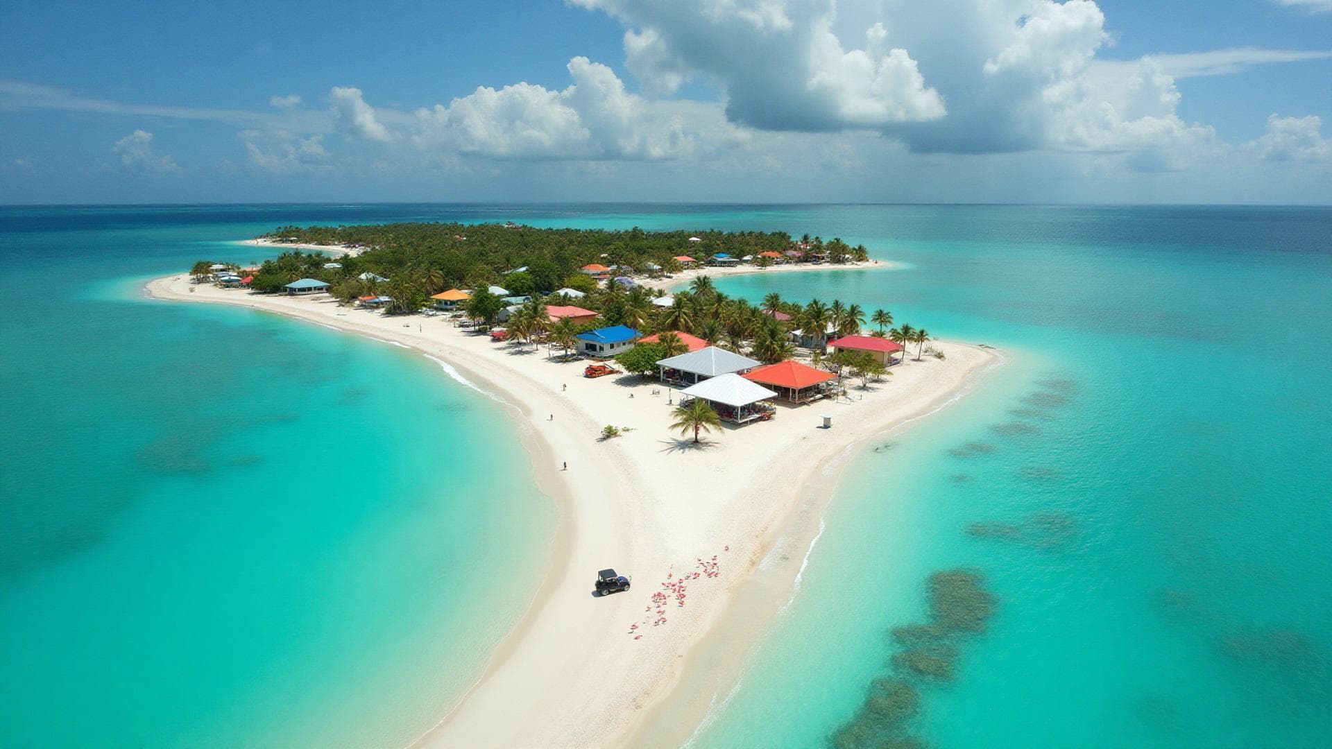 Vista aérea de Isla Holbox con aguas turquesa y casitas coloridas
