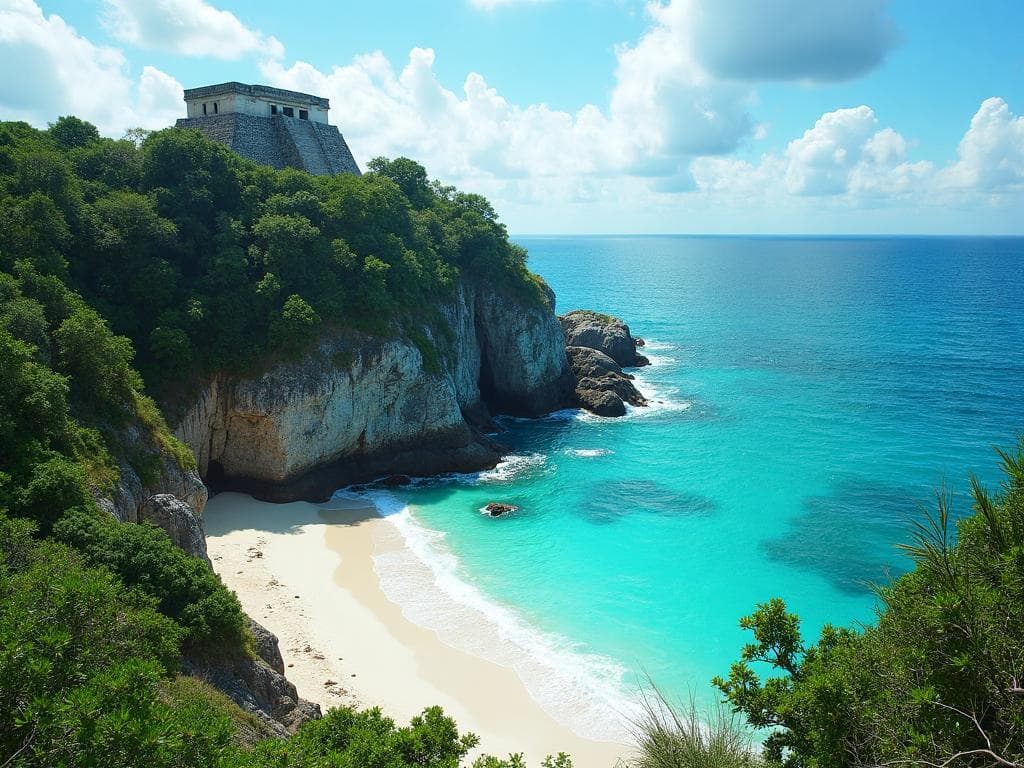 Ruinas de Tulum sobre acantilado frente al mar Caribe