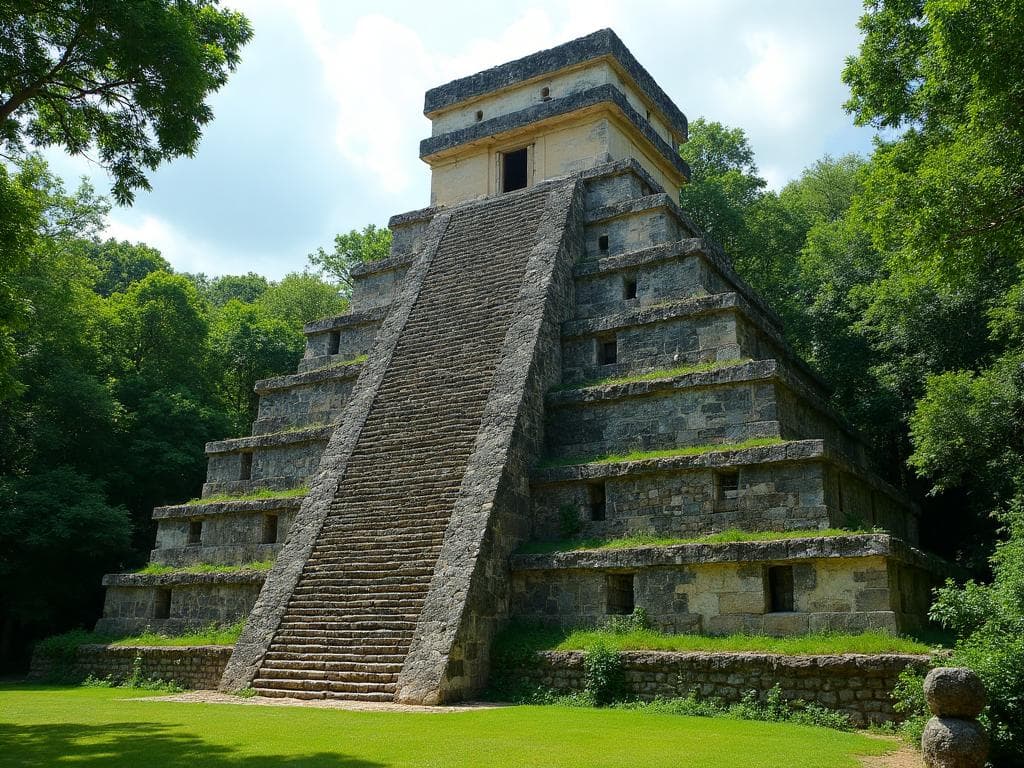 Pirámide del Adivino en Uxmal entre vegetación