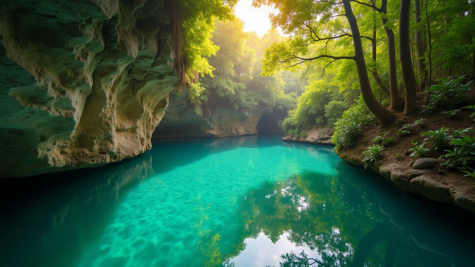 Lush cenote surrounded by jungle in the Yucatán, Mexico