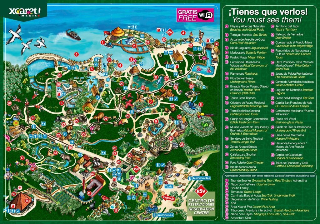 Mapa ilustrado del parque Xcaret destacando sus zonas naturales