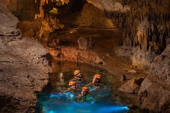 Illuminated underground river inside Xplor Park
