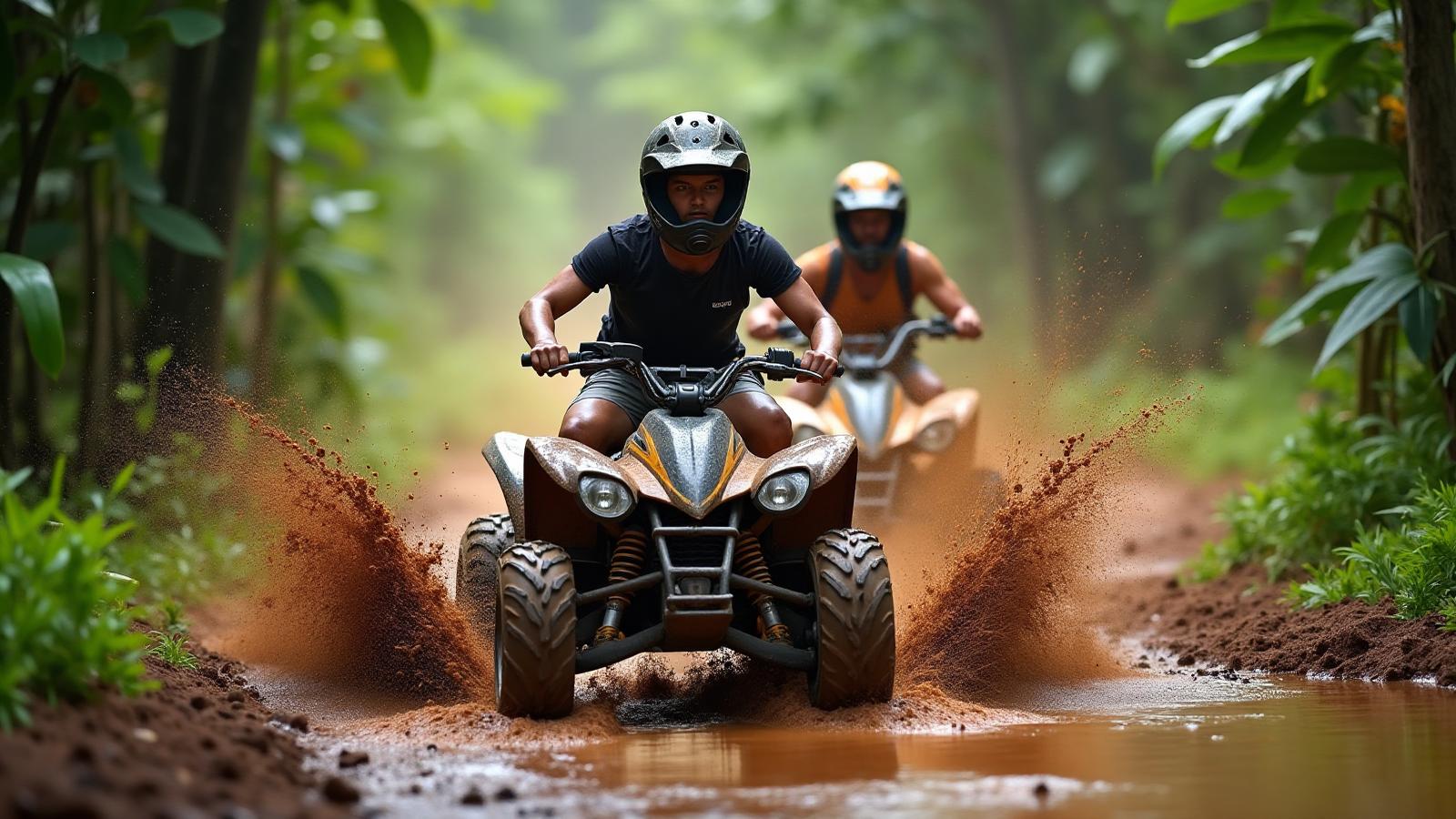 Pilotos de cuatrimotos ATV corriendo por senderos de lodo en la selva de Yucatán con acción y aventura