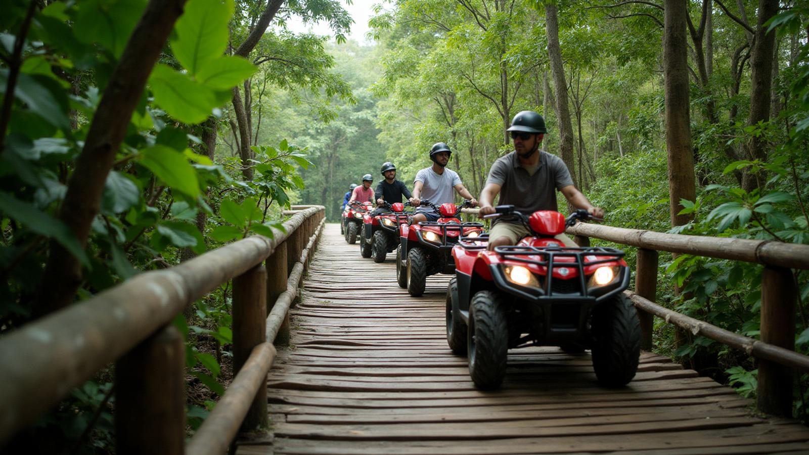 Caravana de cuatrimotos ATV cruzando un puente de madera en la naturaleza de la selva de Yucatán