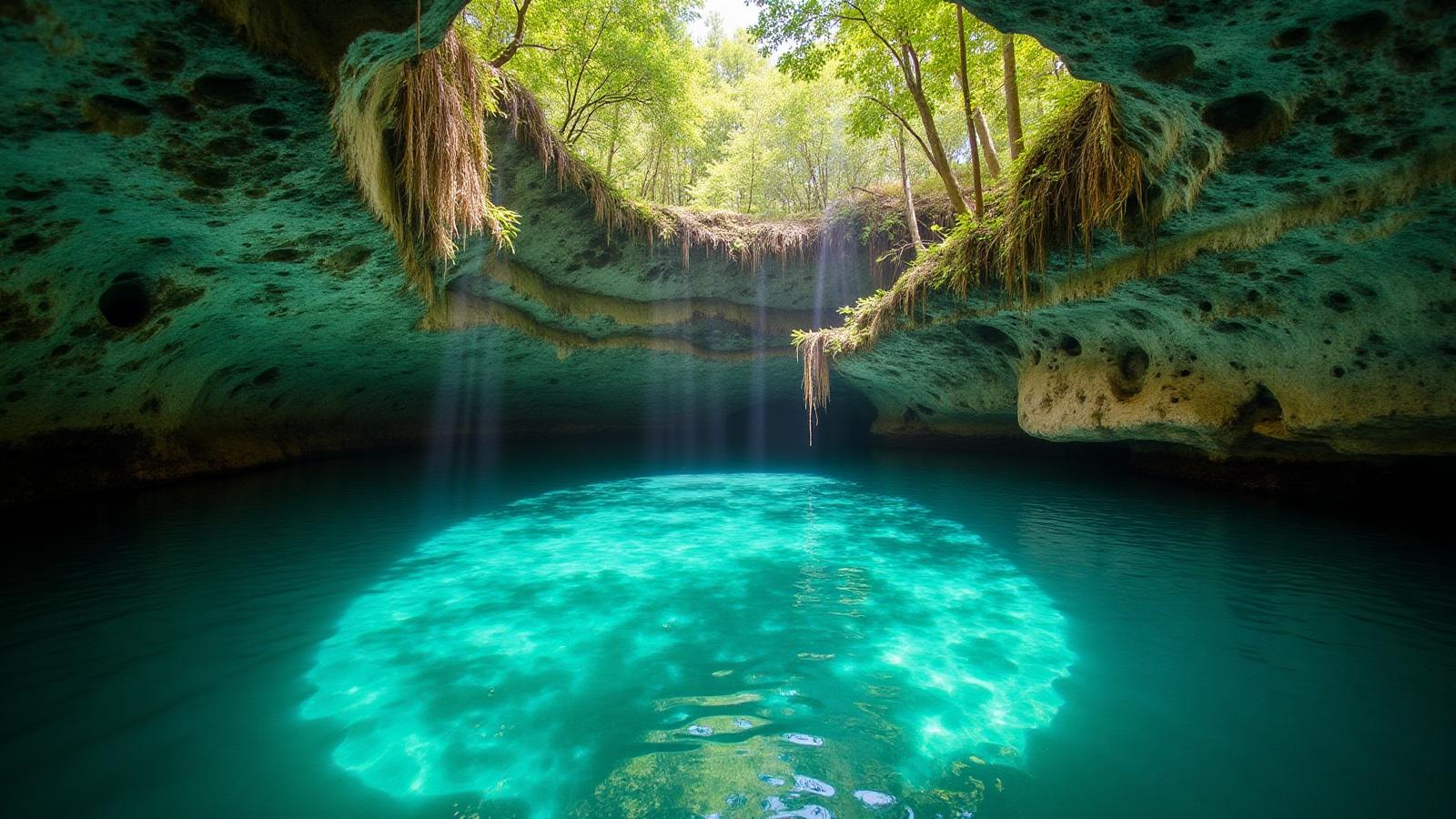 Cenote prístino rodeado de selva tropical en la Riviera Maya con aguas cristalinas