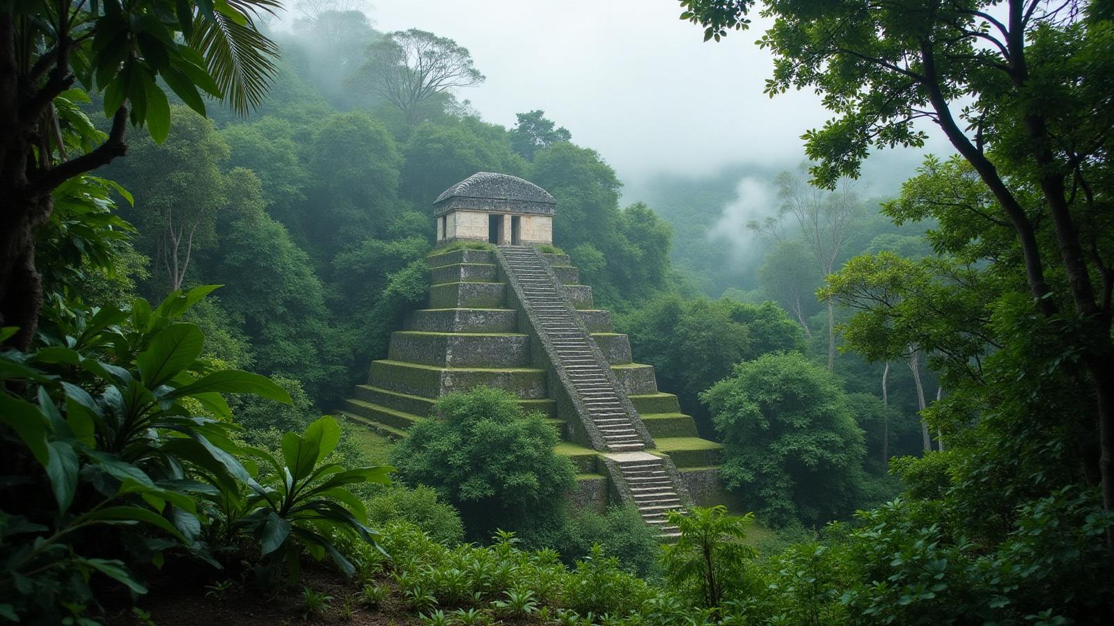 Densa selva de la Riviera Maya con antiguas ruinas mayas escondidas entre la vegetación tropical