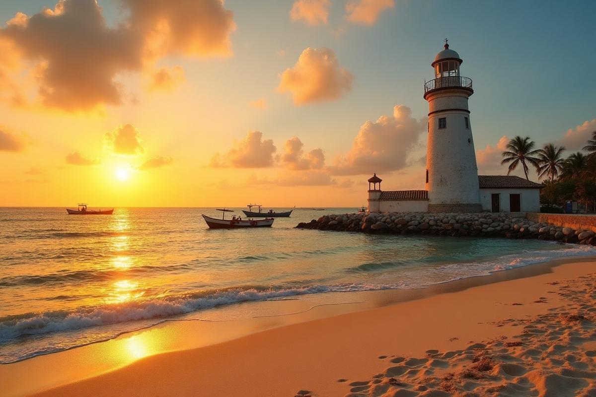 Sisal lighthouse and beach at sunset