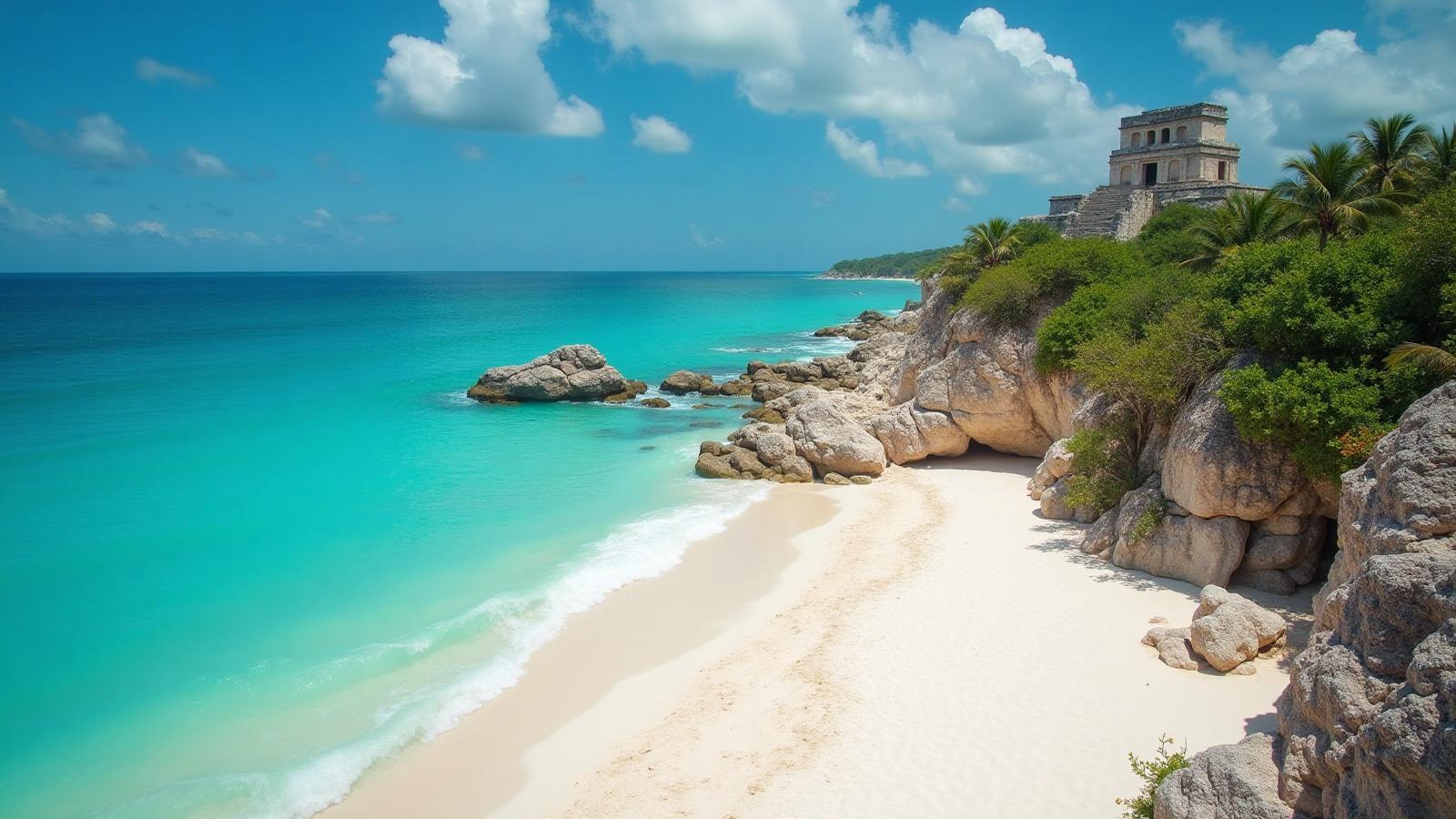 Paraíso en la playa de Tulum con arena blanca, aguas turquesas del Caribe y ruinas mayas