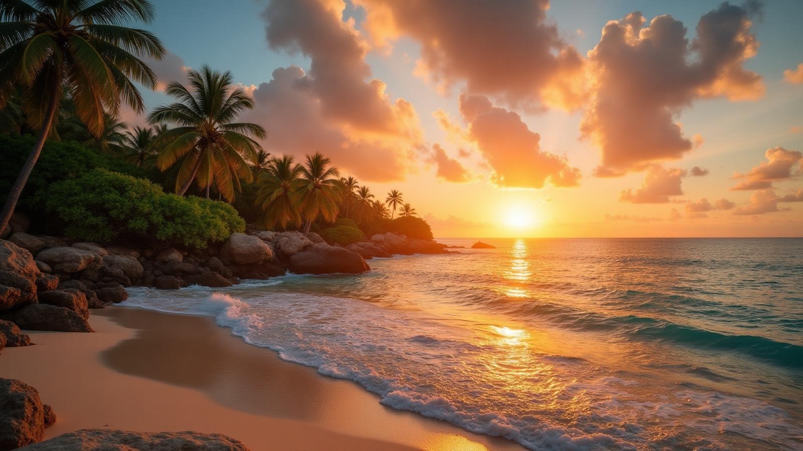 Vista del atardecer en la costa de Tulum con palmeras y playa prístina durante la hora dorada