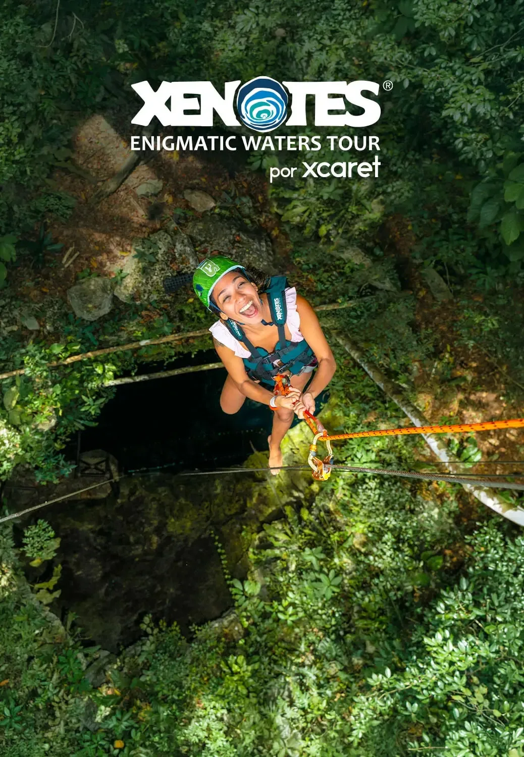 Crystal-clear cenote surrounded by jungle on the Xenotes tour